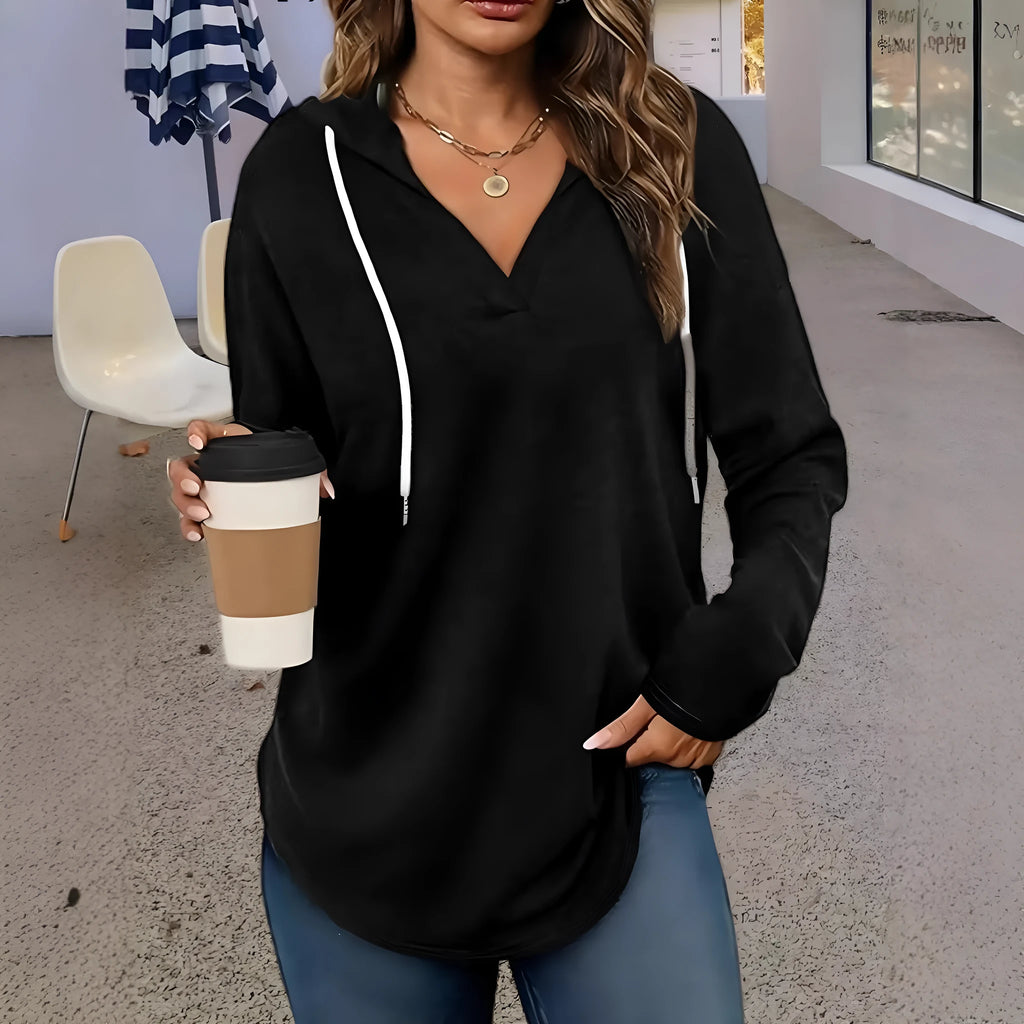 Red women's V-neck sweatshirt hoodie with regular sleeves in loose fit style