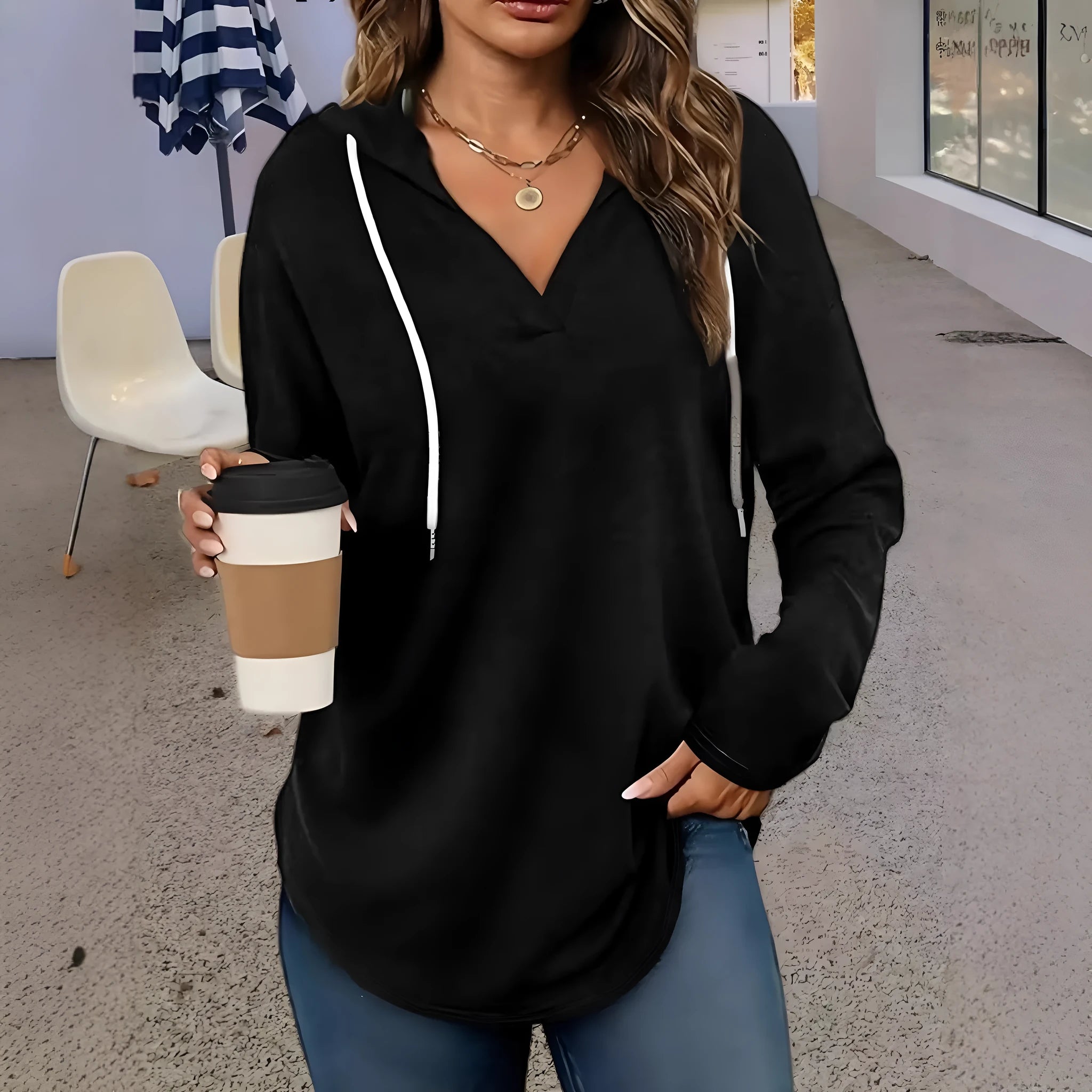 Red women's V-neck sweatshirt hoodie with regular sleeves in loose fit style
