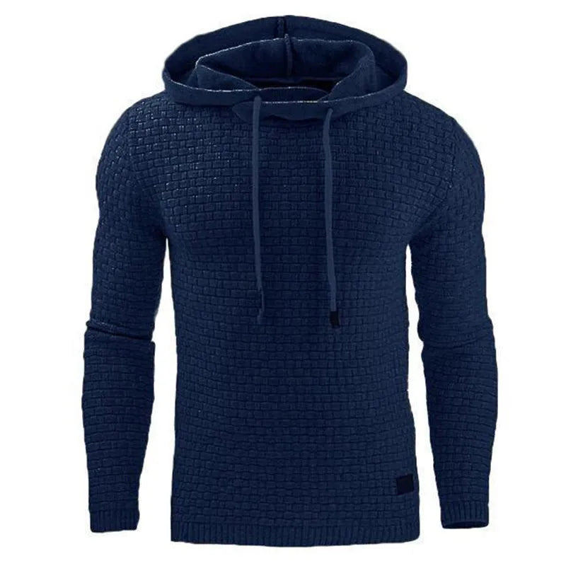 A men's hoodie sweater in a cotton-polyester blend, shown in one of nine available colours including black, navy, or grey.