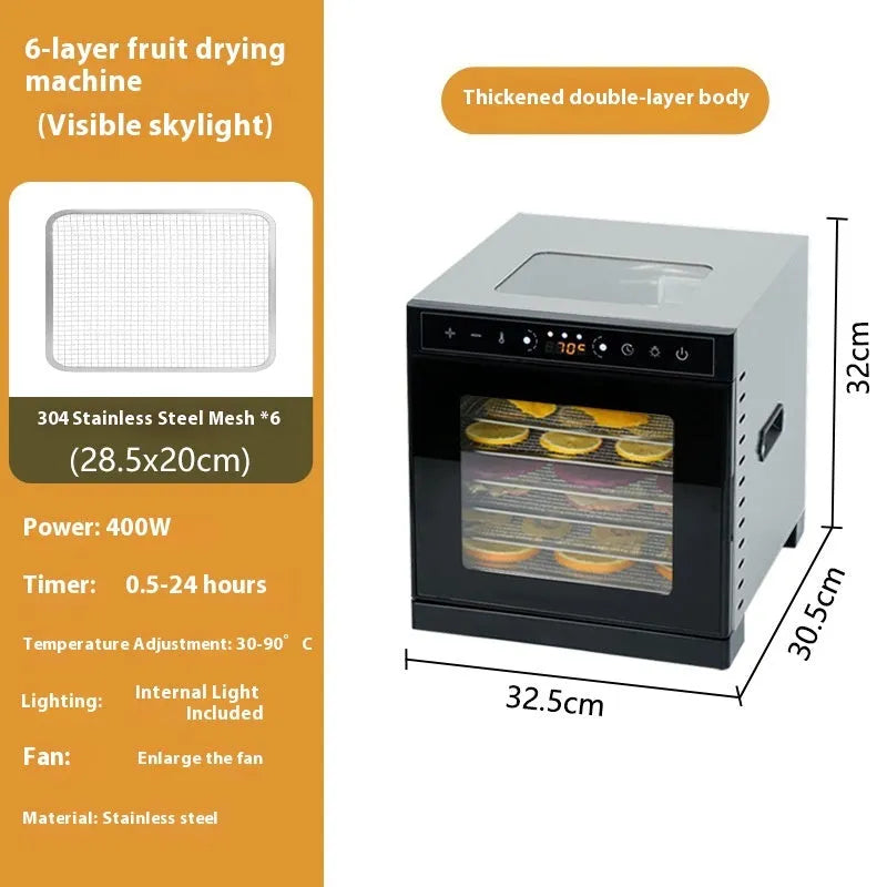 Stainless steel fruit dehydrator with transparent skylight showing drying trays inside