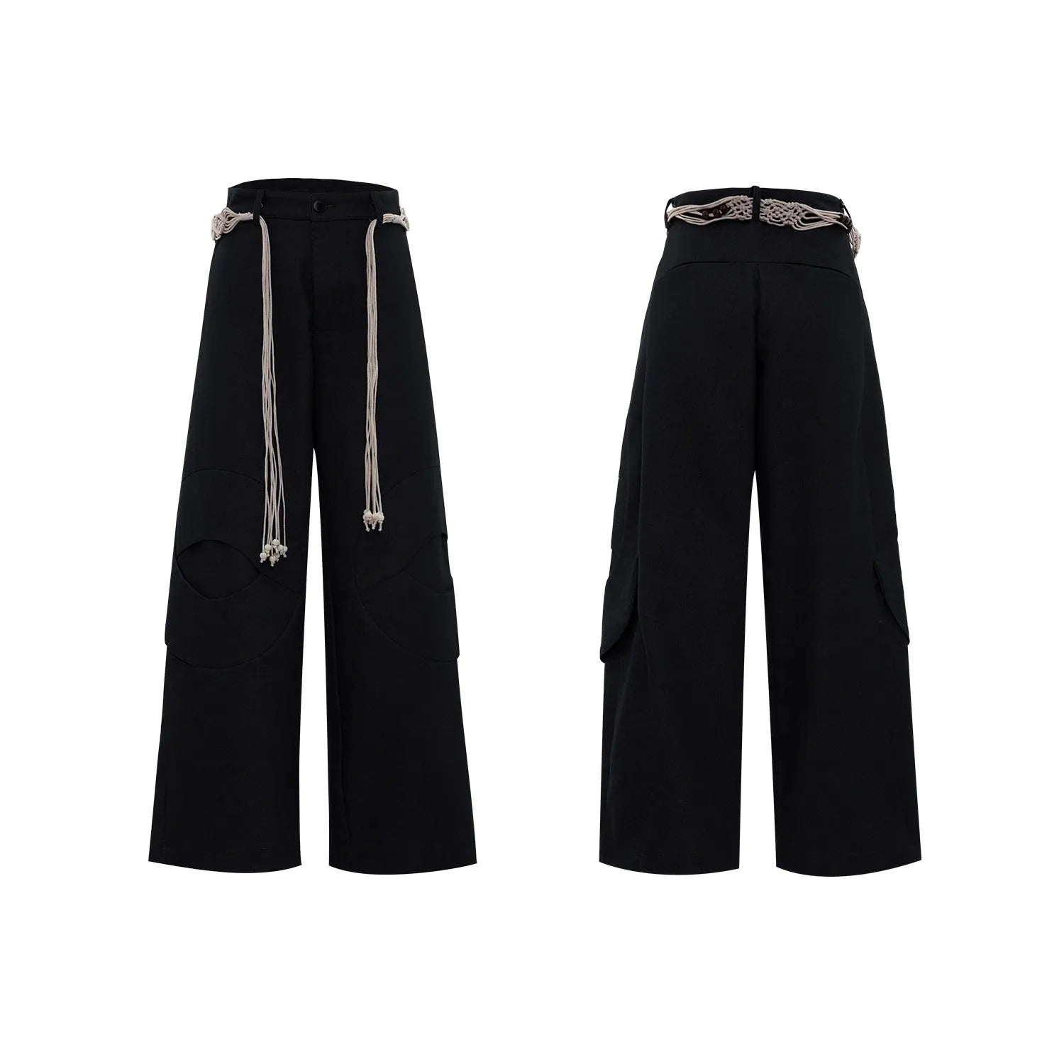 Men's straight-leg cotton trousers in dark colours with placket zipper and decorative pocket details