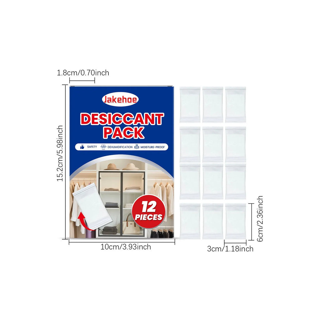 Twelve white calcium chloride desiccant sachets, each 100g, for absorbing moisture in wardrobes and cupboards.
