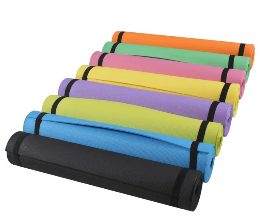 Red EVA yoga mat with textured anti-skid surface, shown rolled and unrolled.