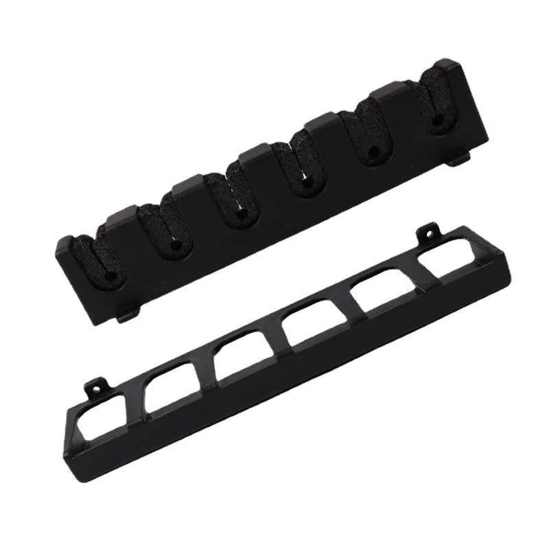 Black ABS fishing rod wall mount display stand showing upright and horizontal mounting options