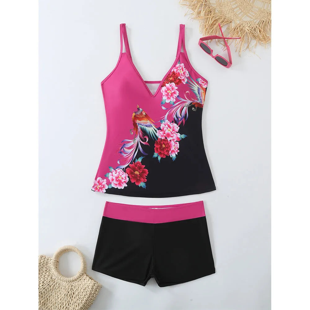 Plus size women's swimsuit set with top and shorts in black or rose red briefs style
