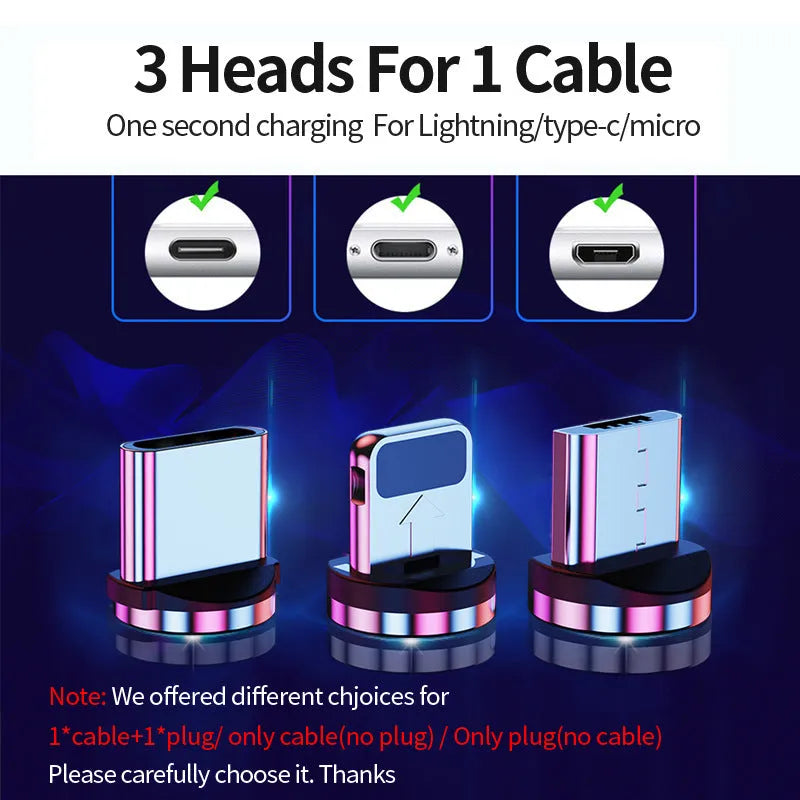 Black magnetic data cable with detachable USB-C and Lightning heads on a table.