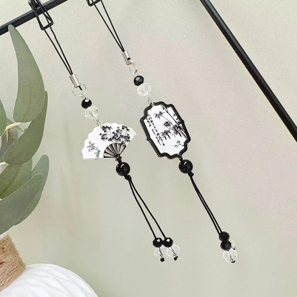 Guofeng Chinese style pendant keychain with plant pattern and baked varnish beads