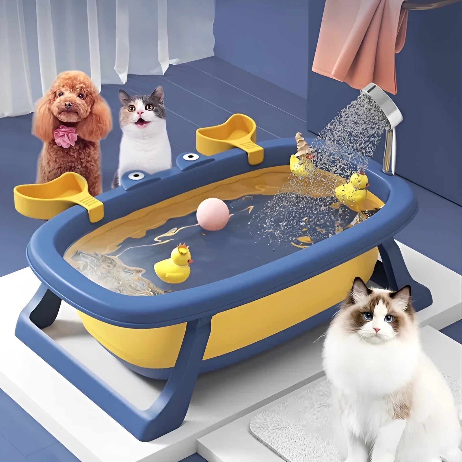 Blue foldable plastic pet tub for small cats and dogs under 20 pounds