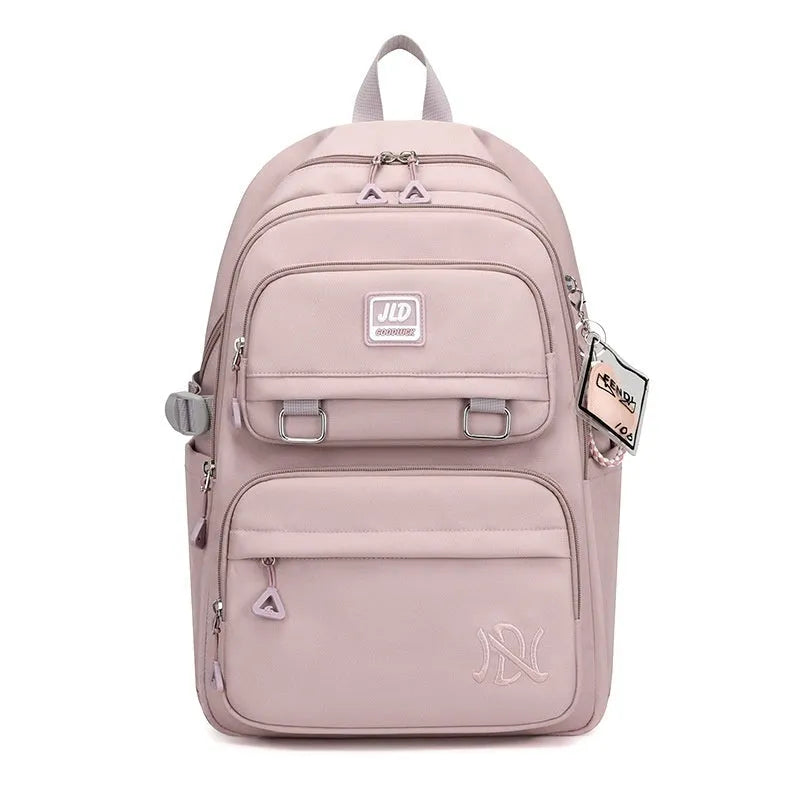 Large capacity girls' school backpack in nylon, showing colour options and physiological back support design.
