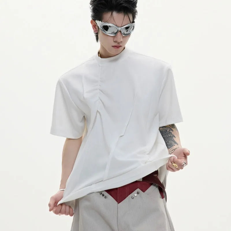 Men's cotton T-shirt with three-dimensional pleats and asymmetric stitching in black colour