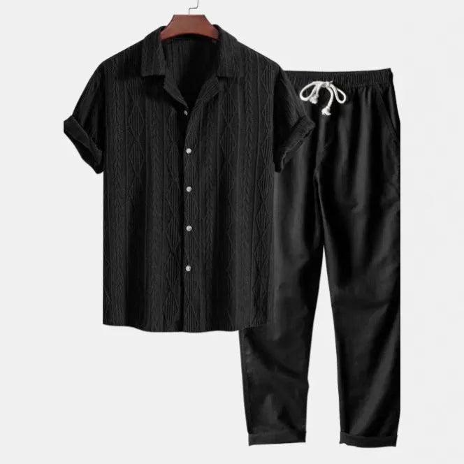Linen polyester casual suit set with digital camouflage print, showing short sleeve shirt and trousers in slim fit