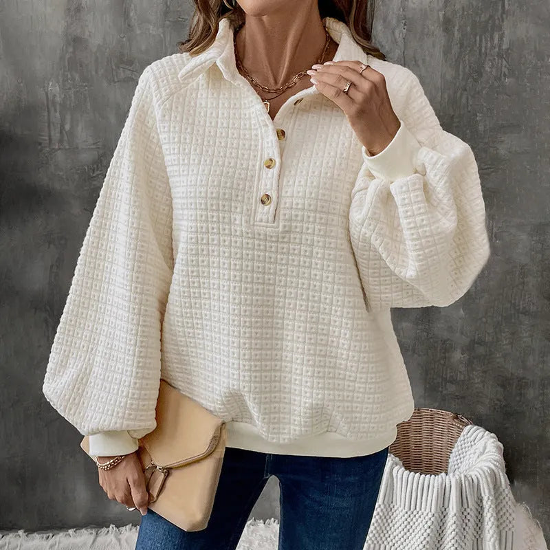 Women's milky white beige polo collar pullover sweater made of thickened polyester fabric