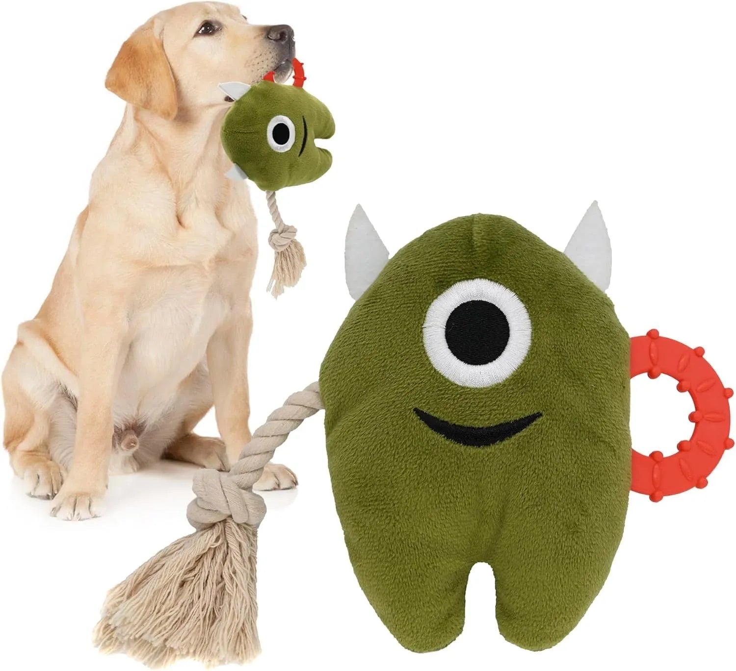 Blue and green plush dog toy with cotton rope sections and squeaker for chewing and tug-of-war