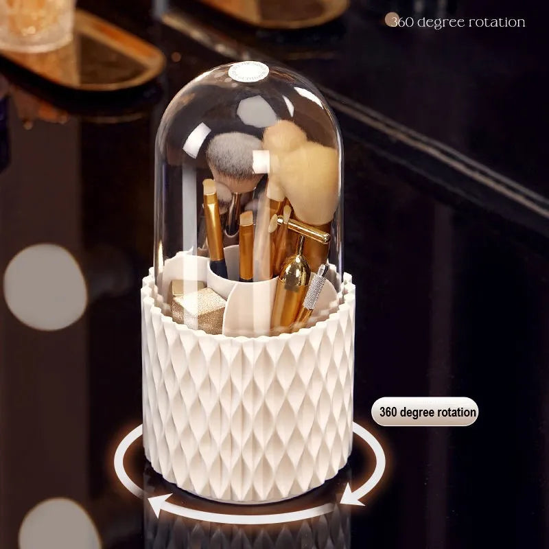White rotating acrylic makeup brush storage box with transparent lid and split compartments