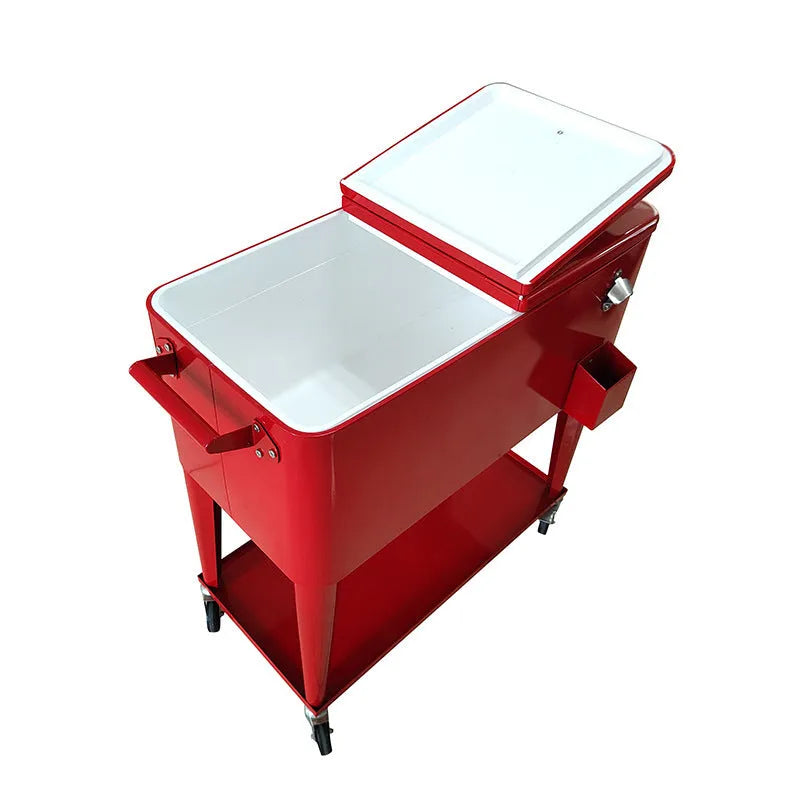 Red outdoor metal insulated cart with wheels, shown as a portable cooler or ice bucket.