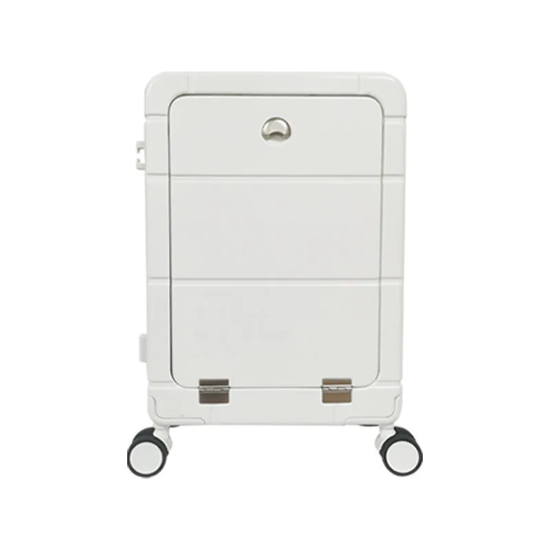 20-inch front opening suitcase in multiple colours showing wet-dry compartments and cup holder.