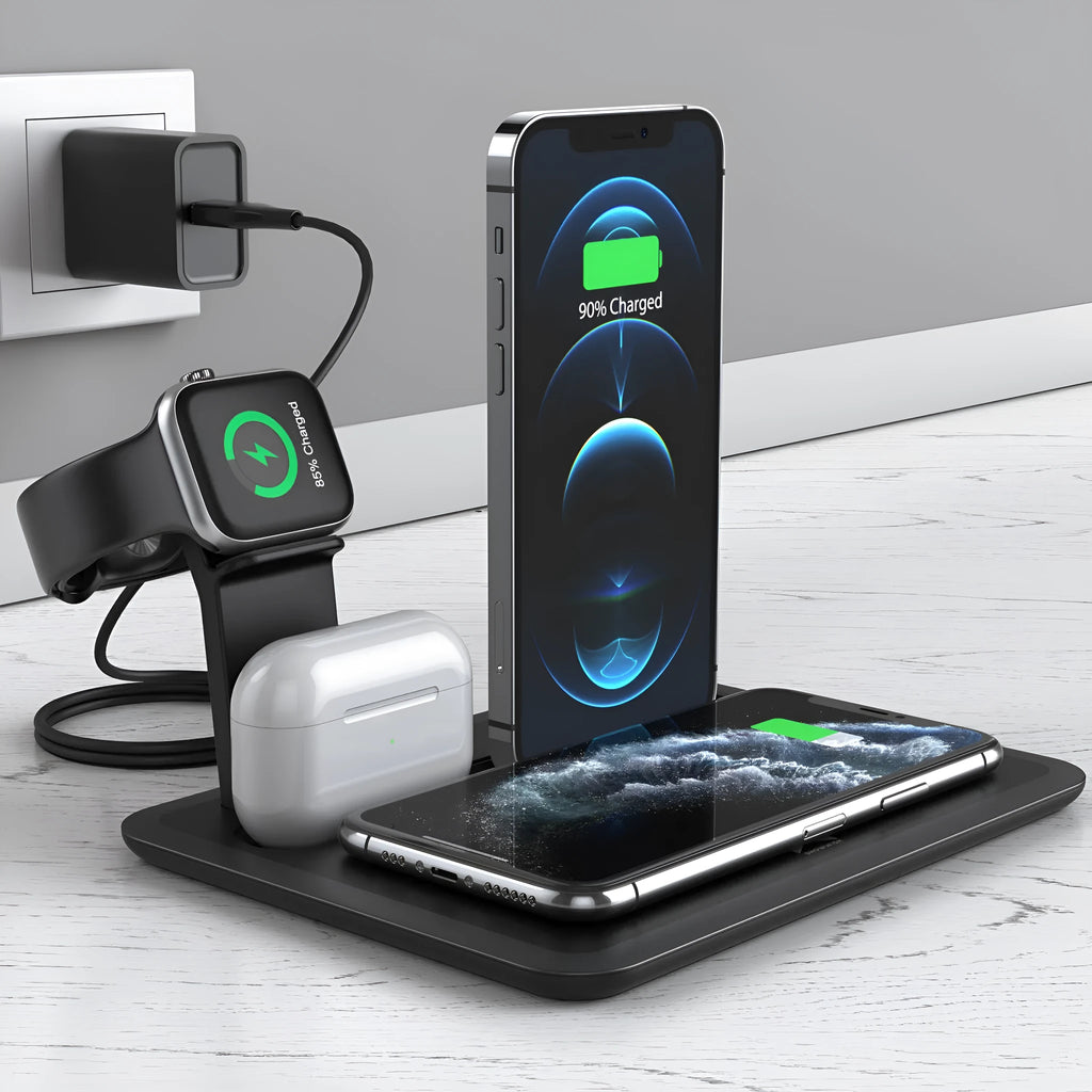 Black and white wireless charging station for phone, smartwatch, and headphones on a desk.