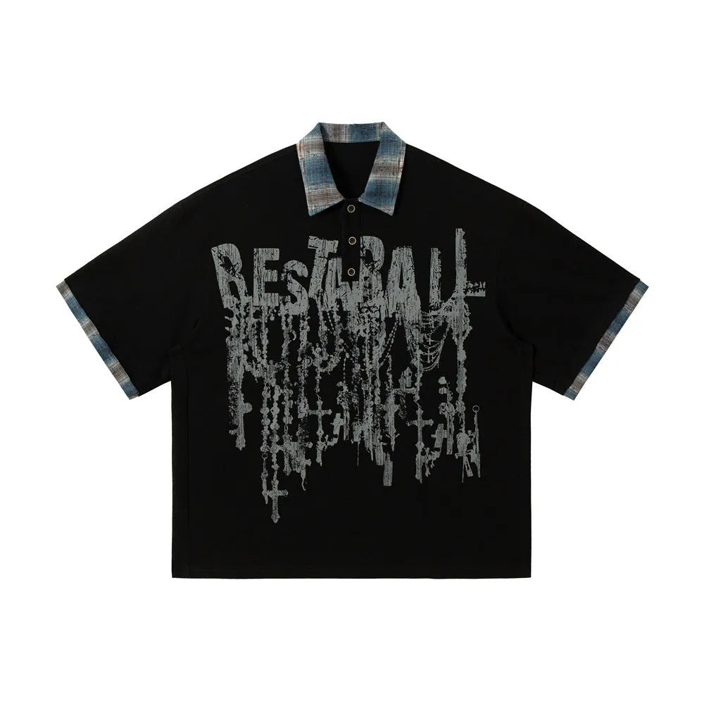 Men's loose blue cotton top with graffiti print and asymmetric streetwear design
