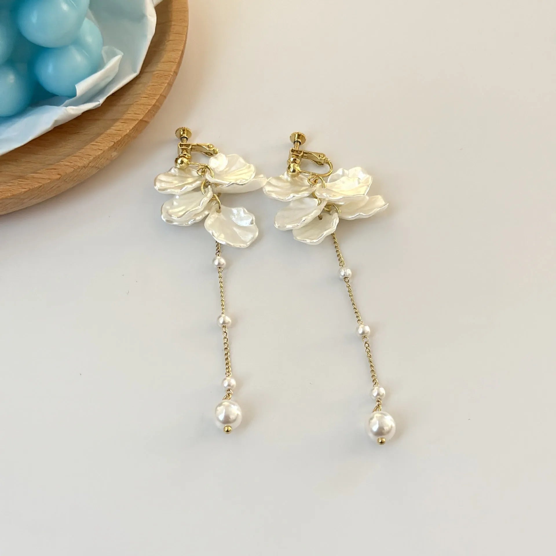 Women's acrylic shell pearl tassel earrings with choice of ear clip types