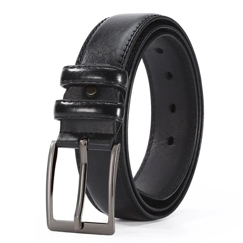 Men's business belt showing laser pattern detail with alloy pin buckle on imitation leather strap