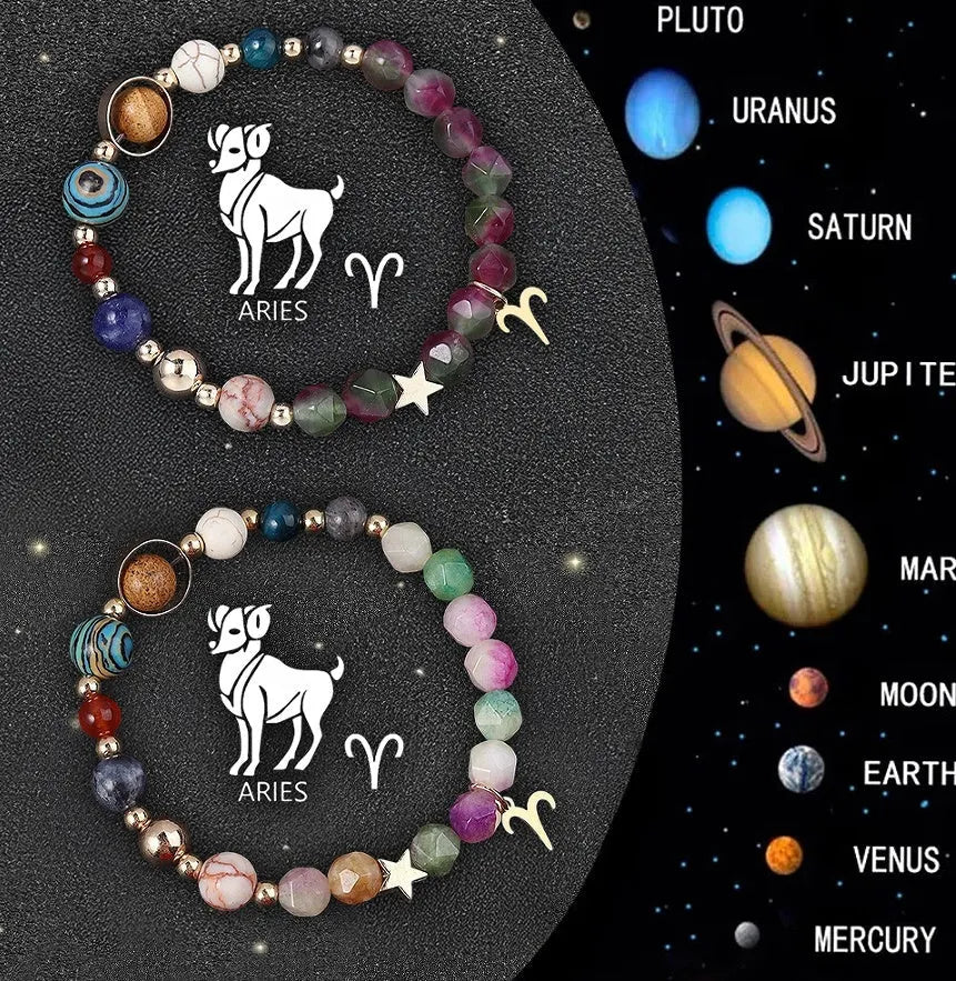 Natural stone beaded bracelets with zodiac symbols on stretchy elastic cord, showing two bracelets in set.