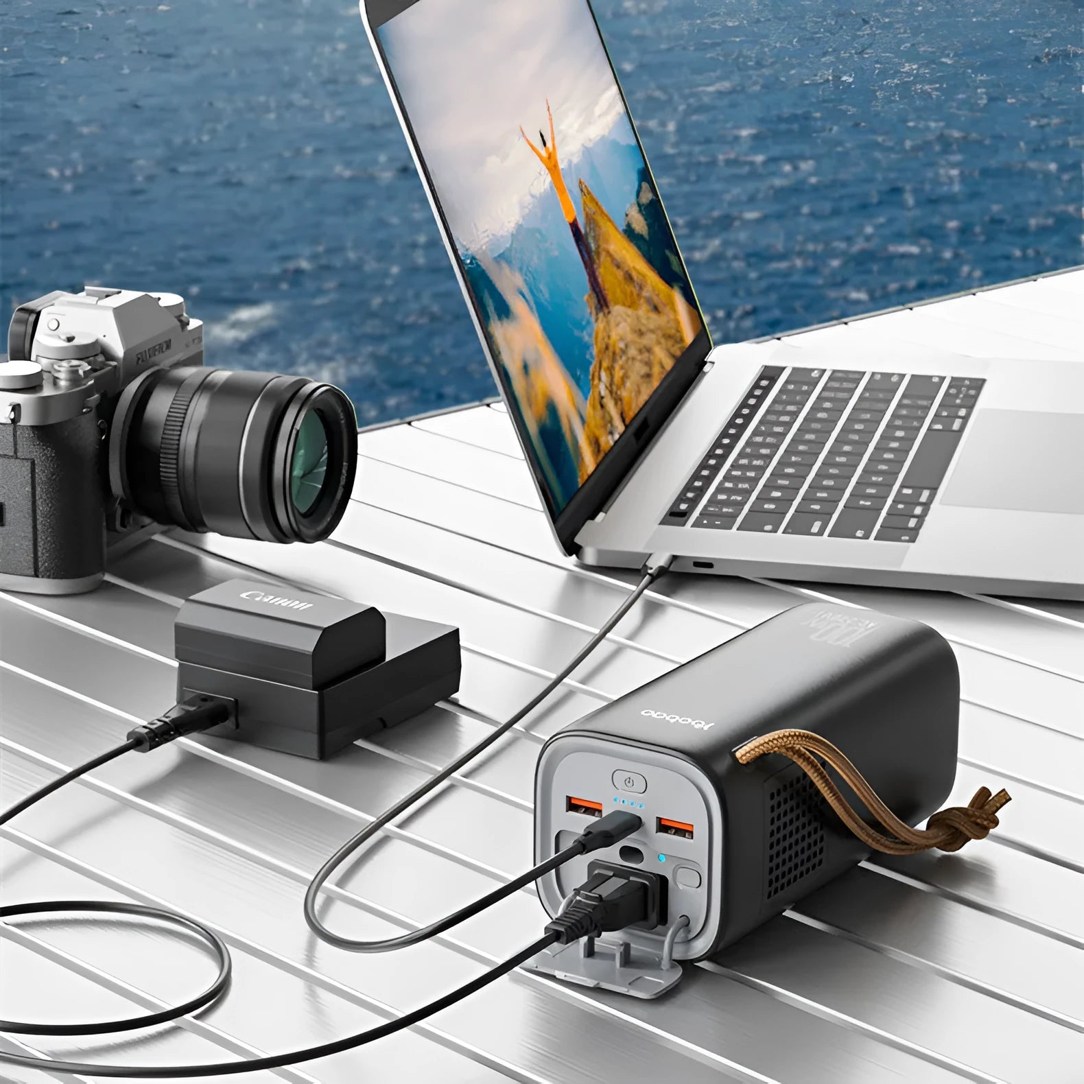 Black portable power bank with solar panel and multiple charging ports