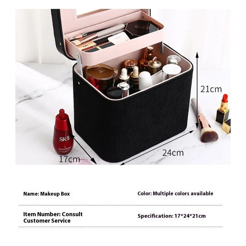 Corduroy fabric cosmetic storage box with polyester cotton lining in a choice of solid colours.