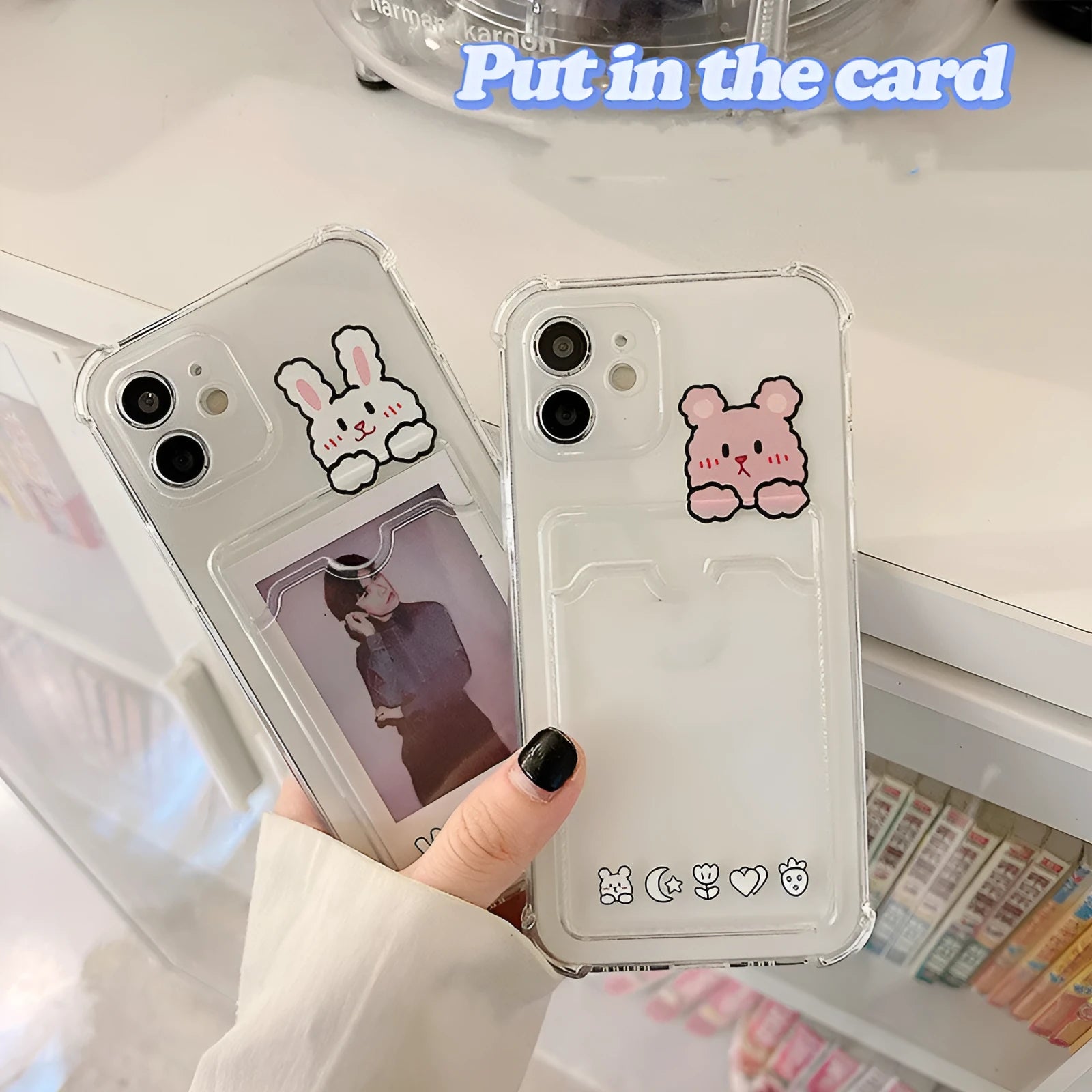 Transparent cartoon design phone case with card holder for Apple iPhone models