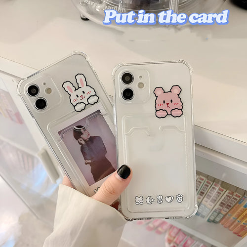 Transparent cartoon design phone case with card holder for Apple iPhone models