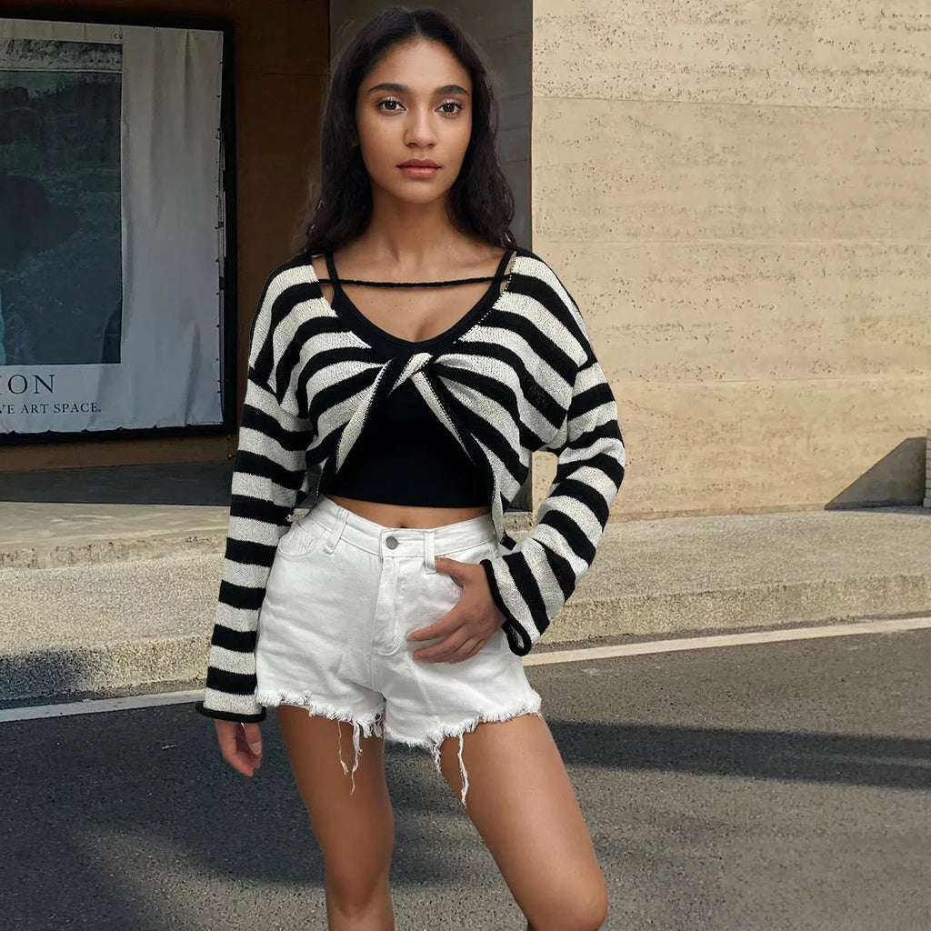 Striped long-sleeved cotton sweater with front and back wearable design and exposed navel detail