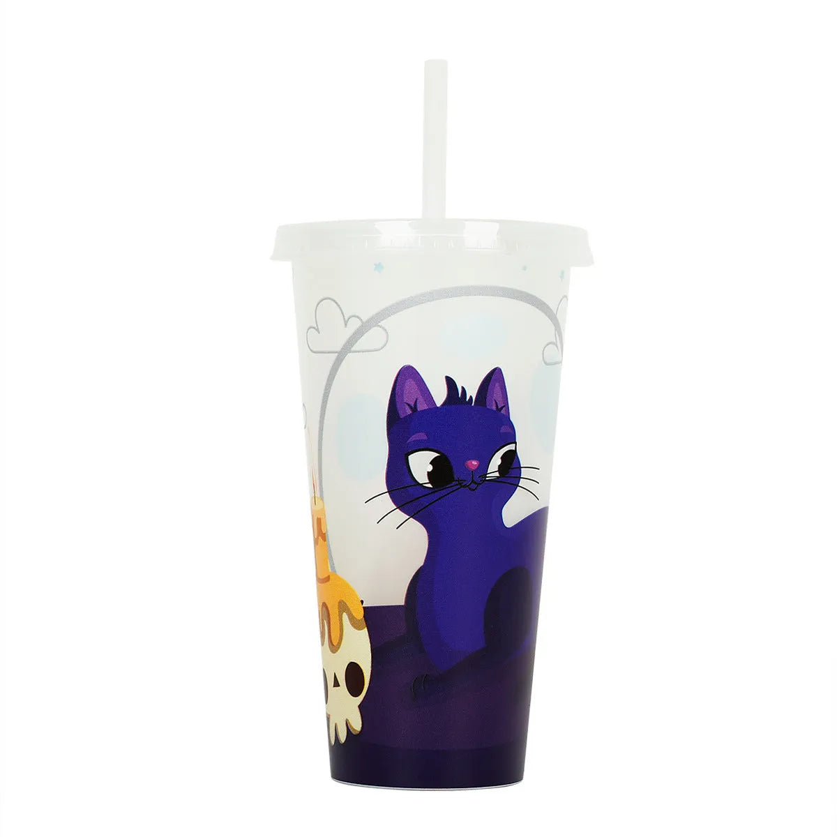 Halloween-themed plastic sippy cup with luminous straw showing six colour options