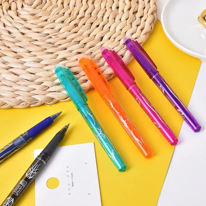 Set of hot erasable gel pens with plastic bodies and stainless steel nibs, showing multiple coloured barrels.