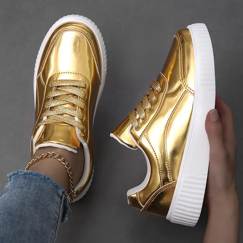 Rose gold and gold sequin platform sneakers with thick soles and round toe design