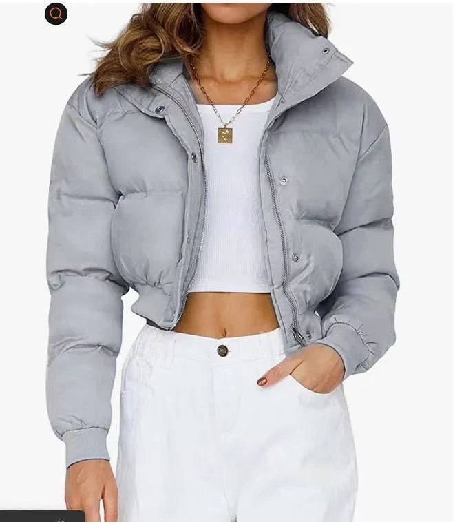 Women's loose fit polyester jacket in blue, grey, black, and milky white colours with long sleeves