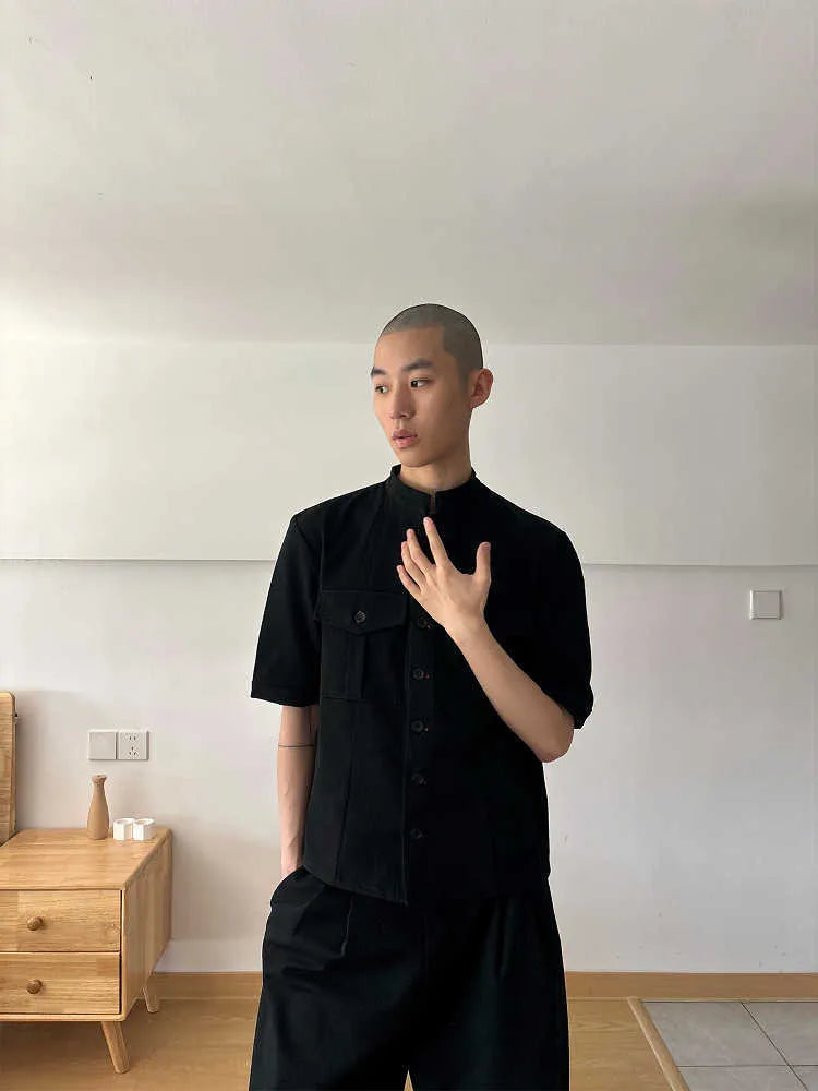 Handmade black hunting suit shirt with half sleeves, shirt collar, and single-breasted placket