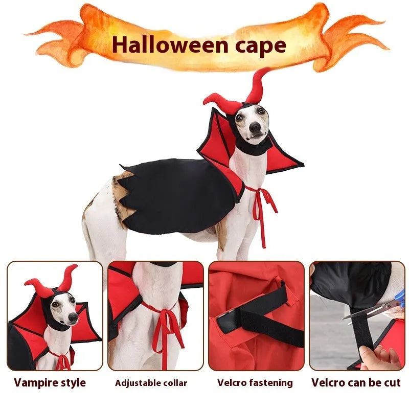 Black polyester vampire cloak and hat costume for a cat or small dog on a white background.