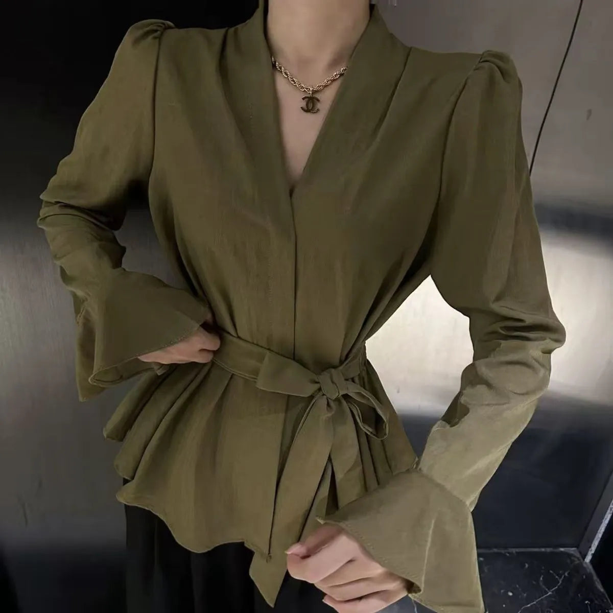 Women's French-style long sleeve shirt with irregular collar and bell sleeves in black