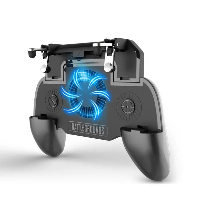 Black USB mobile game controller for smartphones with aluminium alloy trim and labelled action buttons.