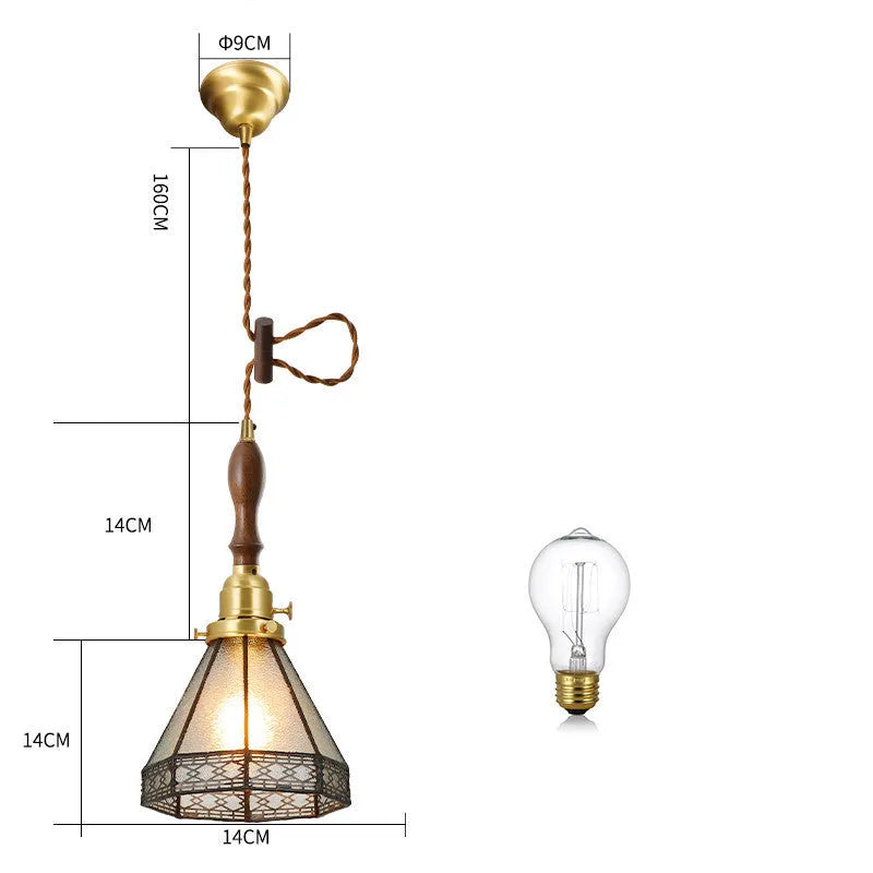 Japanese retro brass and glass chandelier with hand-blown shades, walnut wood accents, and hemp rope light line