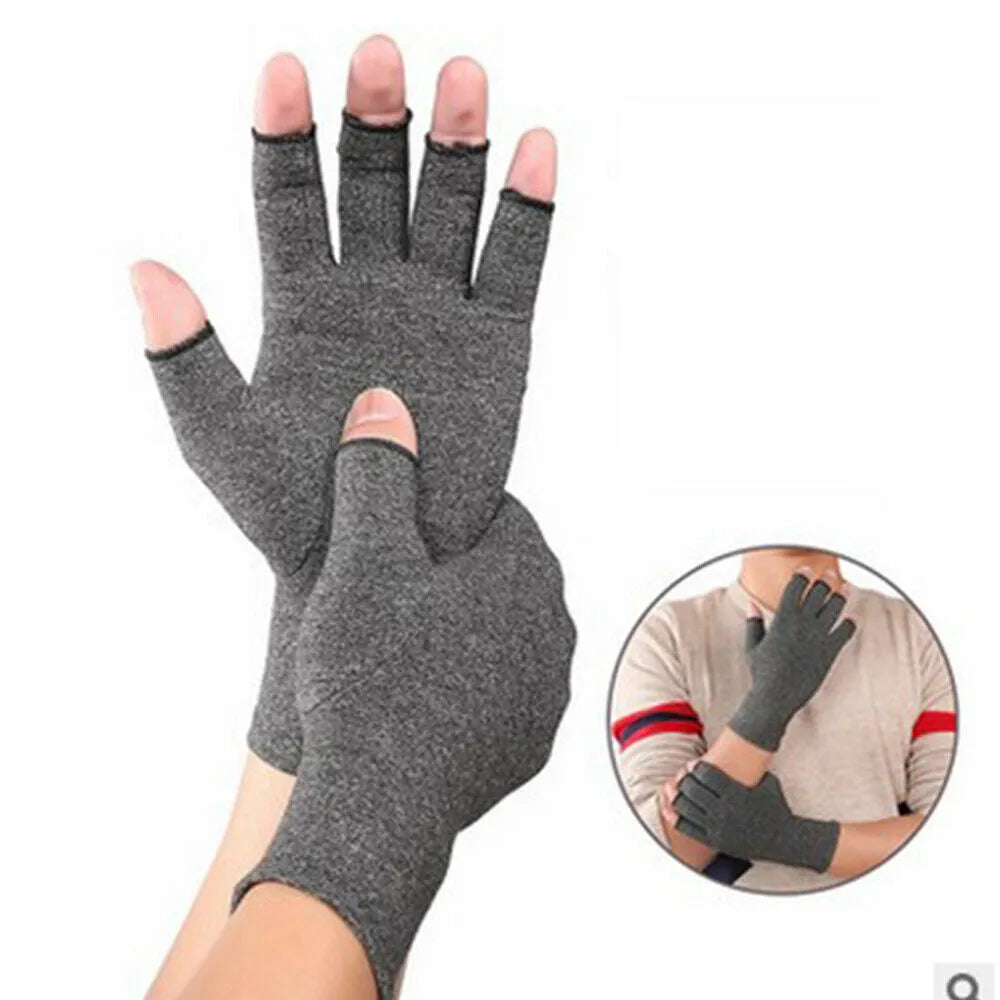 Grey half-finger joint compression gloves with anti-slip grip on a hand.
