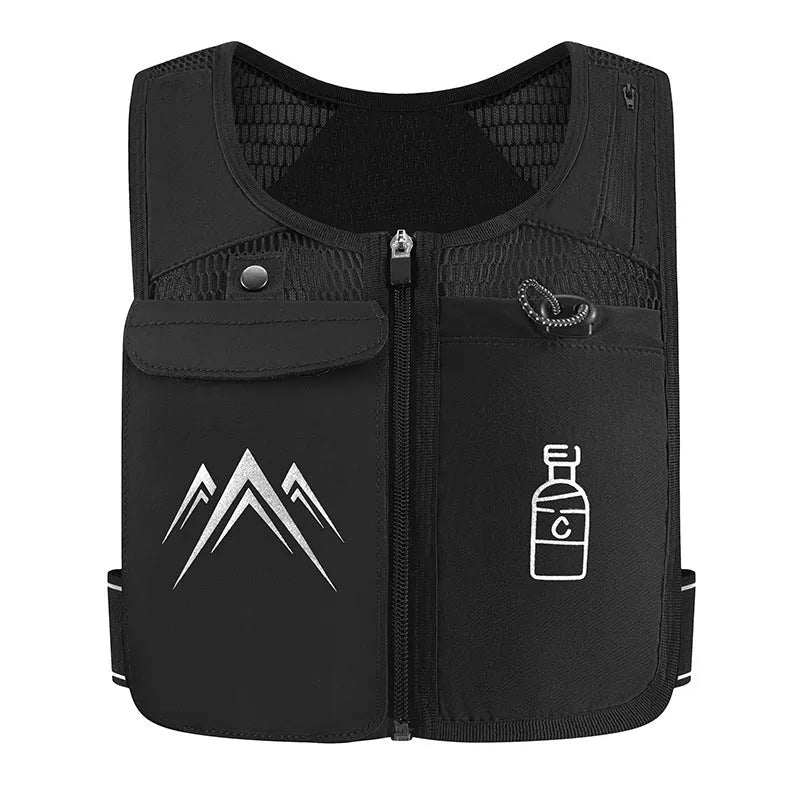 Black breathable mesh running vest with phone compartment and optional hydration flask for outdoor sports