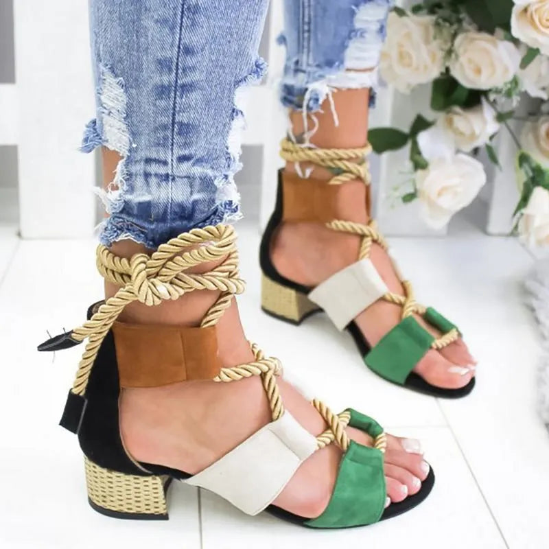Women's beige suede sandals with fish mouth toe, front strap, ankle strap, and a thick 3-5cm middle heel.