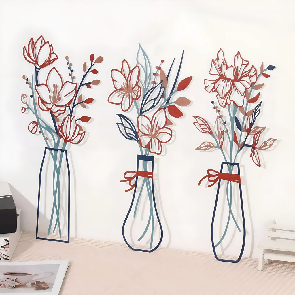 Set of three metal flower wall art pieces with colour vase designs for farmhouse bathroom decoration