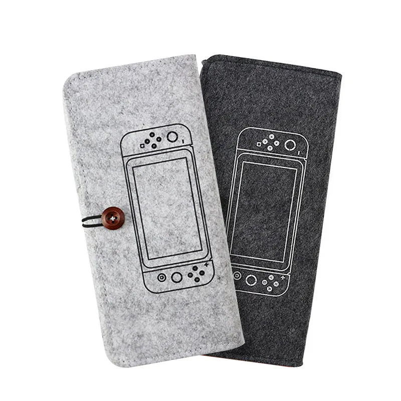 Black Nintendo Switch felt pouch showing game card slots and double storage compartments