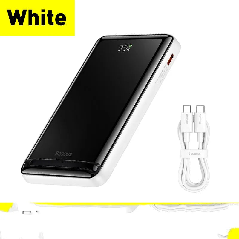 Slim blue 3-in-1 magnetic wireless power bank showing dimensions and charging cable
