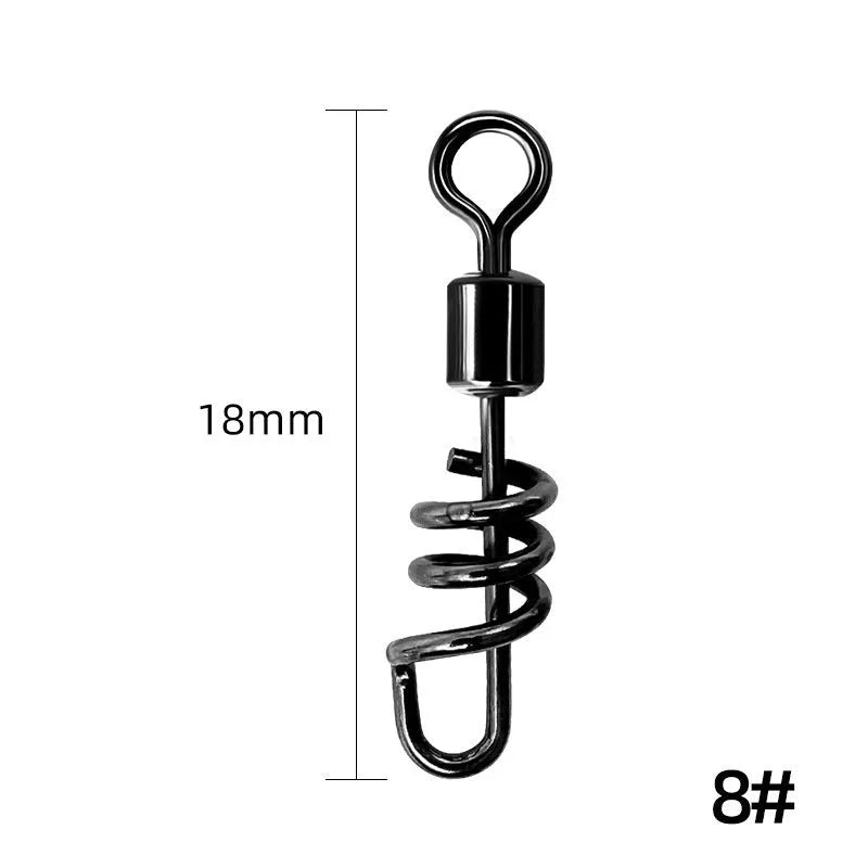 Copper and stainless steel 8-shaped fishing swivel connector in seven different sizes.