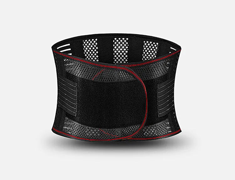 Black breathable sports waist support with internal steel plate for lumbar protection, shown laid flat.