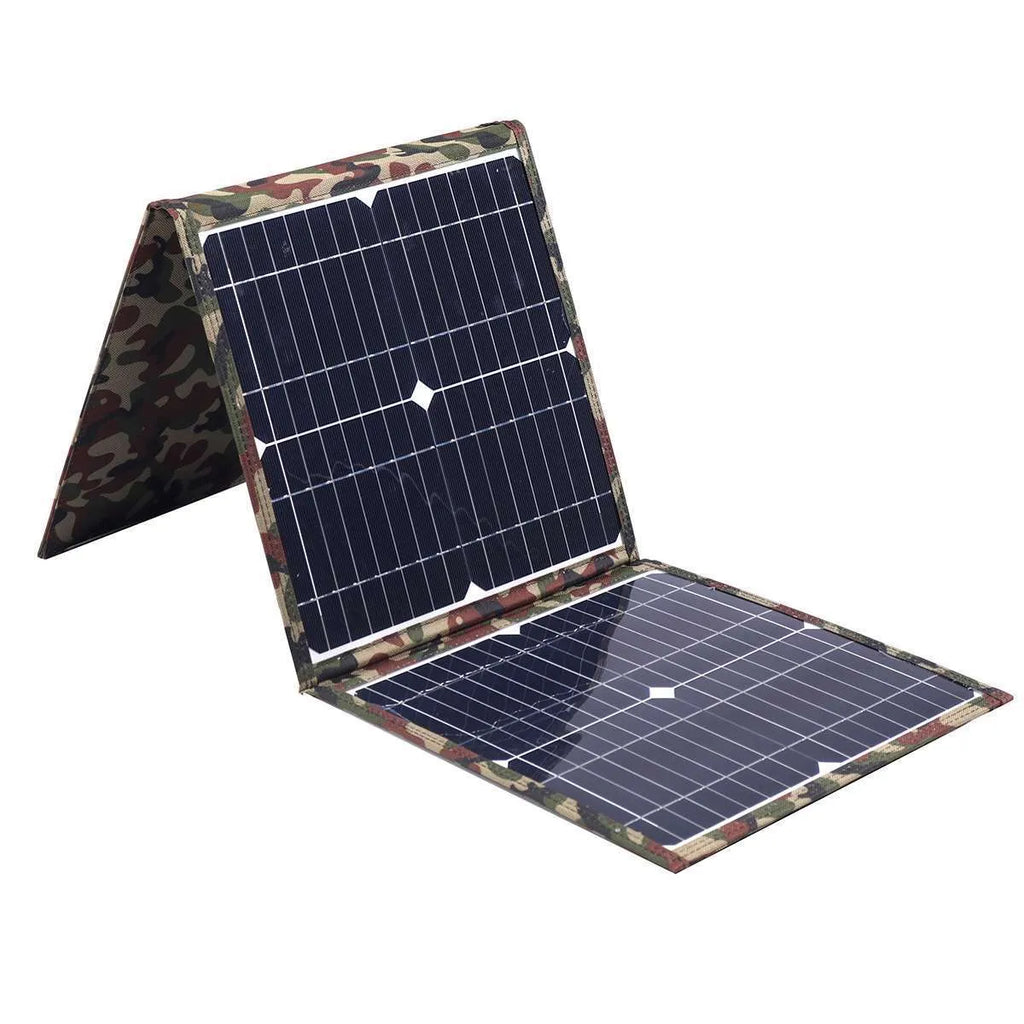 Black foldable solar panel unfolded showing three solar cells with car charger and USB accessories