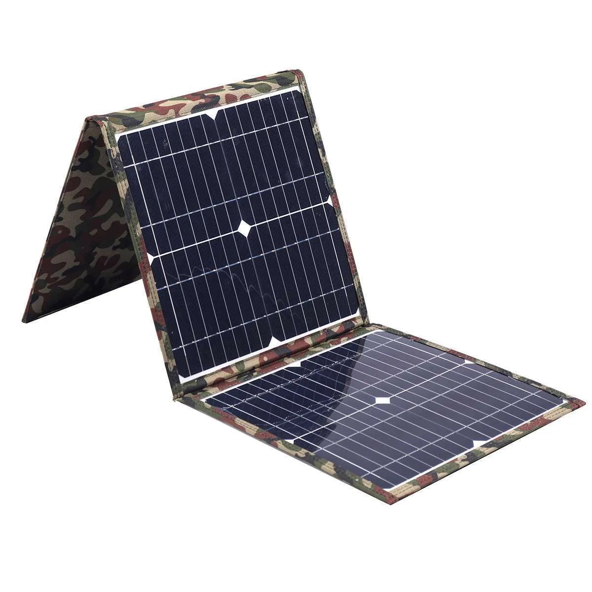 Black foldable solar panel unfolded showing three solar cells with car charger and USB accessories
