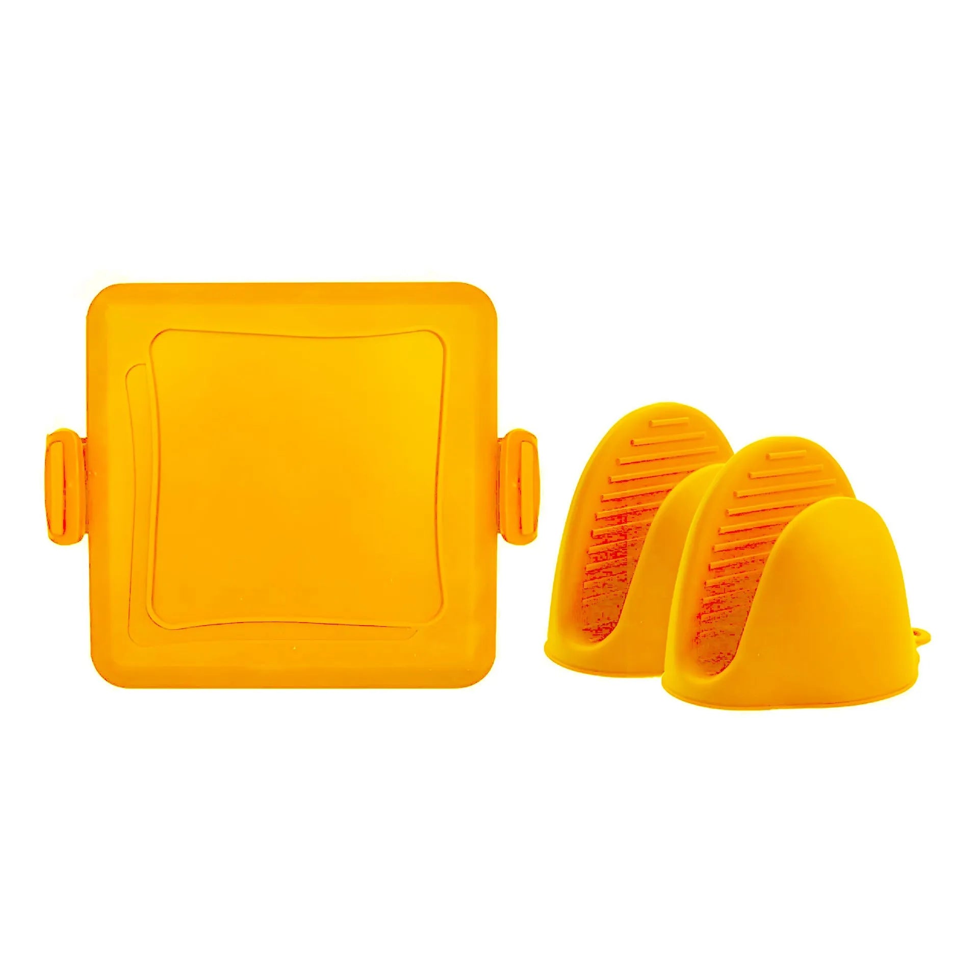 Red silicone handbag baking tray with matching heat-resistant gloves for oven safety
